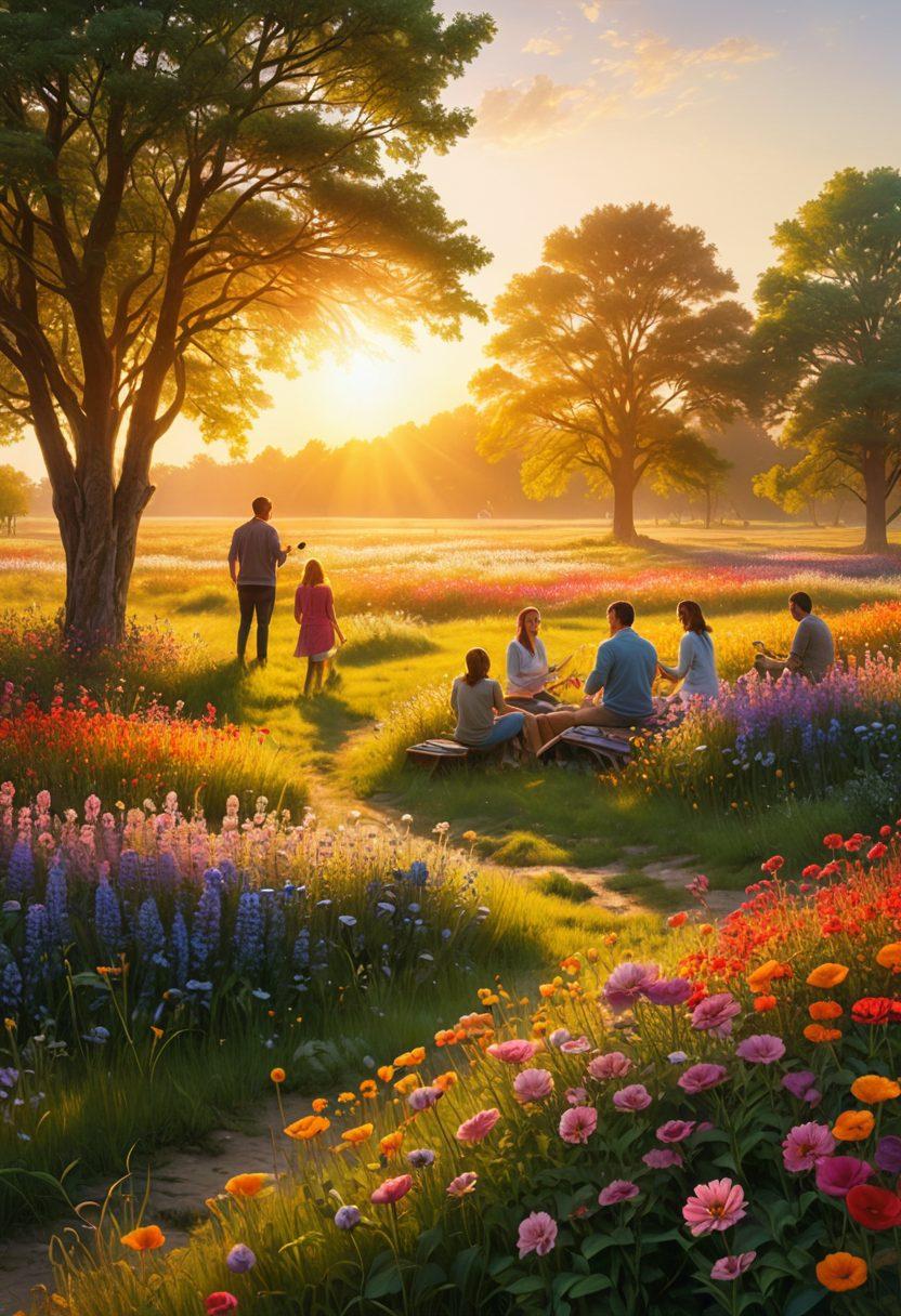A serene landscape depicting a colorful sunrise over a peaceful meadow filled with blooming flowers, symbolizing joy and maturity. In the foreground, a diverse group of adults smiling and engaging in joyful activities like painting and playing music, representing a cheerful community. Soft, warm lighting enhances the peaceful atmosphere, conveying a sense of contentment and fulfillment. super-realistic. vibrant colors. 3D.