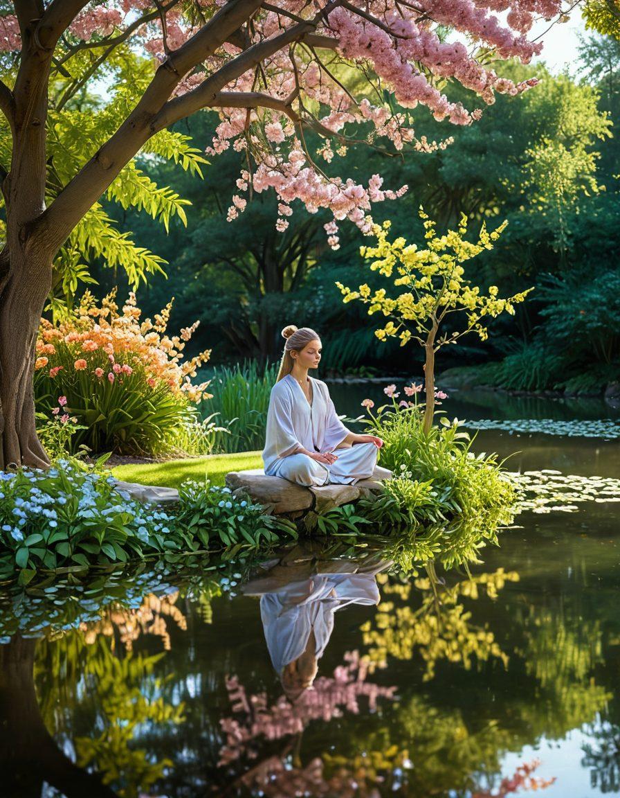 A serene landscape depicting a sophisticated individual meditating under a lush, blooming tree, surrounded by vibrant flowers that symbolize joy and bliss. The scene captures golden sunlight filtering through the leaves, illuminating a crystal-clear pond reflecting their tranquil expression. Include elements like soft pastel colors and butterfly motifs to evoke a sense of tranquility and joy. surrealistic. vibrant colors.