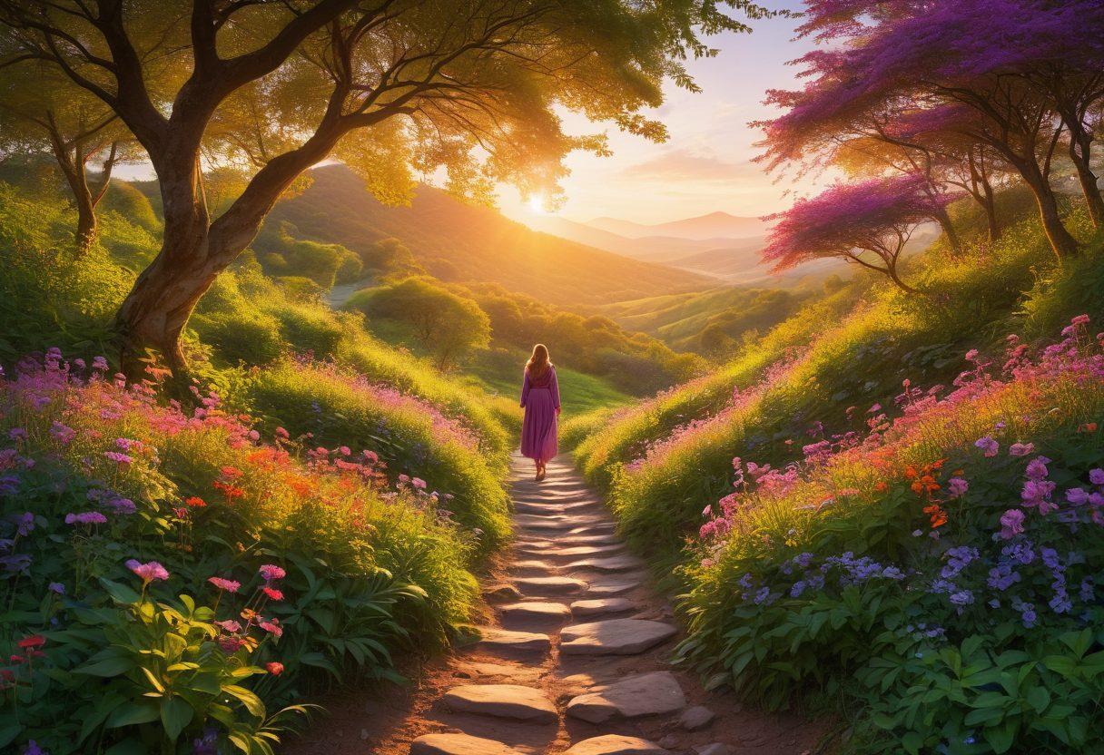 A serene pathway winding through a lush green forest, dotted with blooming flowers as sunlight filters through the leaves. At the end of the path, a figure stands on a hilltop, arms raised in joy, overlooking a radiant sunset symbolizing contentment. Soft ethereal glow surrounding the scene, encapsulating a sense of euphoria. painting. vibrant colors.
